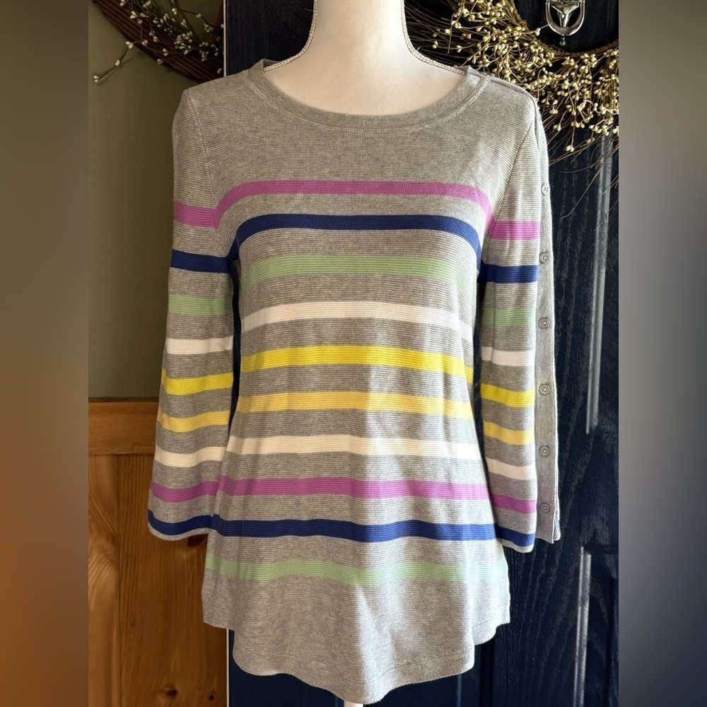 Talbots Gray Sweater Colorful Stripes Faux Buttoned Sleeve Women's Small NWT - Picture 1 of 11